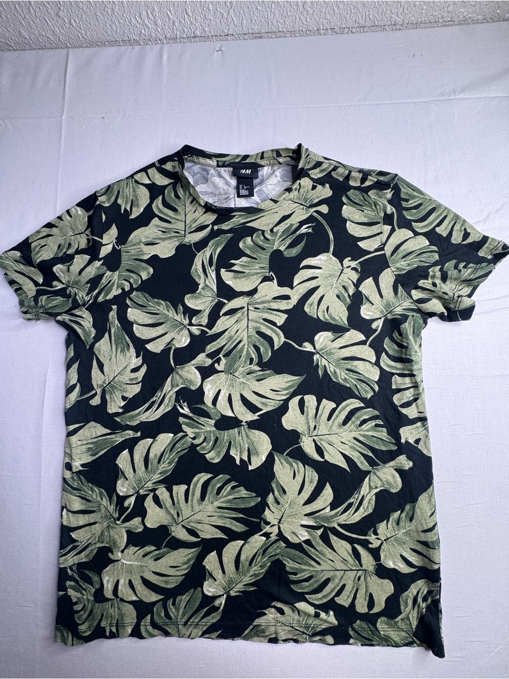 H&M Black Tee with Green Tropical Leaf Print